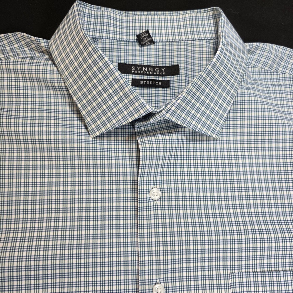 SYNRGY Performance Stretch Dress Shirt Mens‎ Blue Green White Grid Long Sleeve